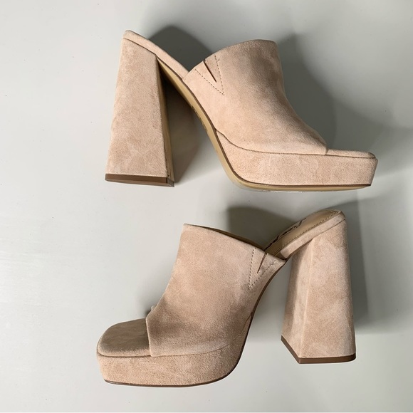 Free People 38 US 8 Margo Suede Mules Sand Square Platform Chunky Open Toe - Picture 3 of 11